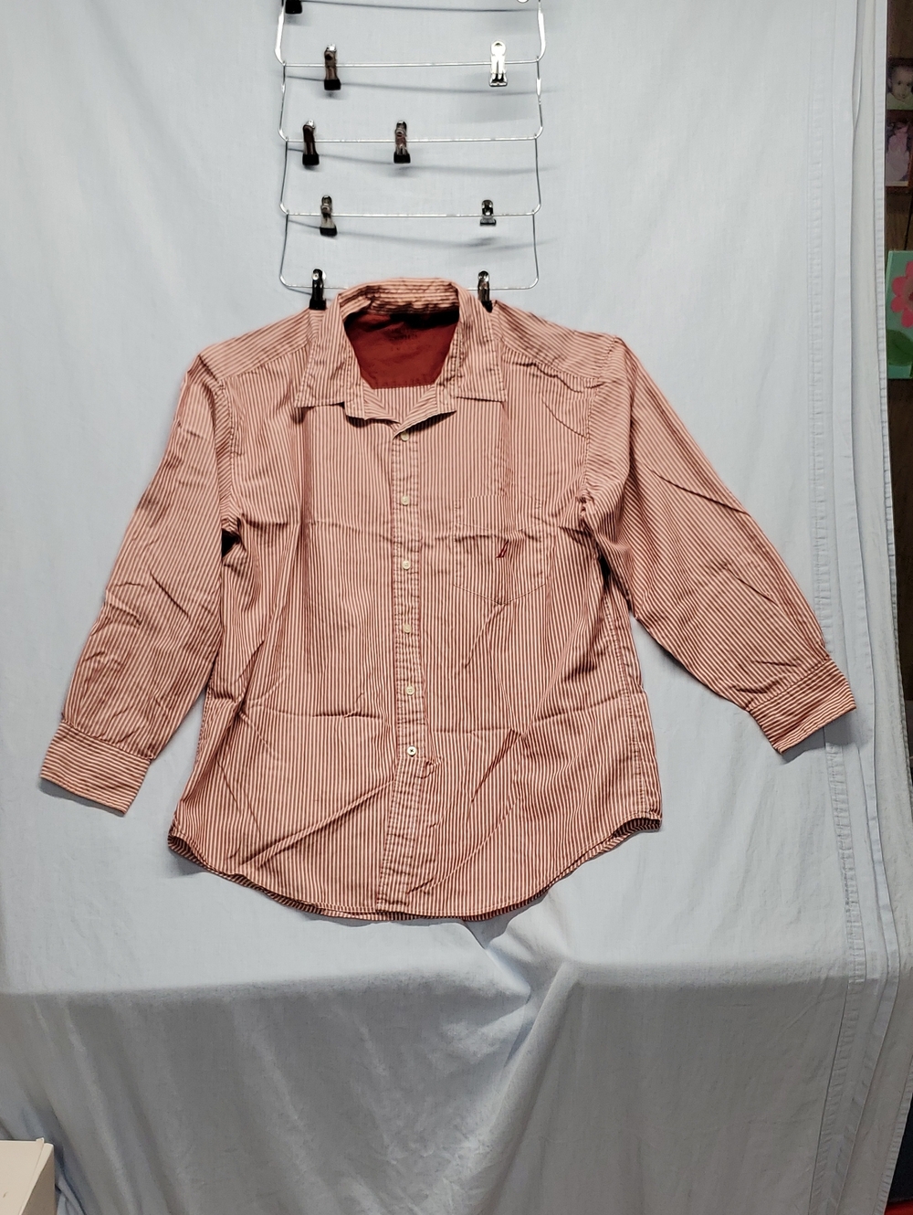 Nautica Red and White Striped Long-Sleeve Button-Up Shirt #400